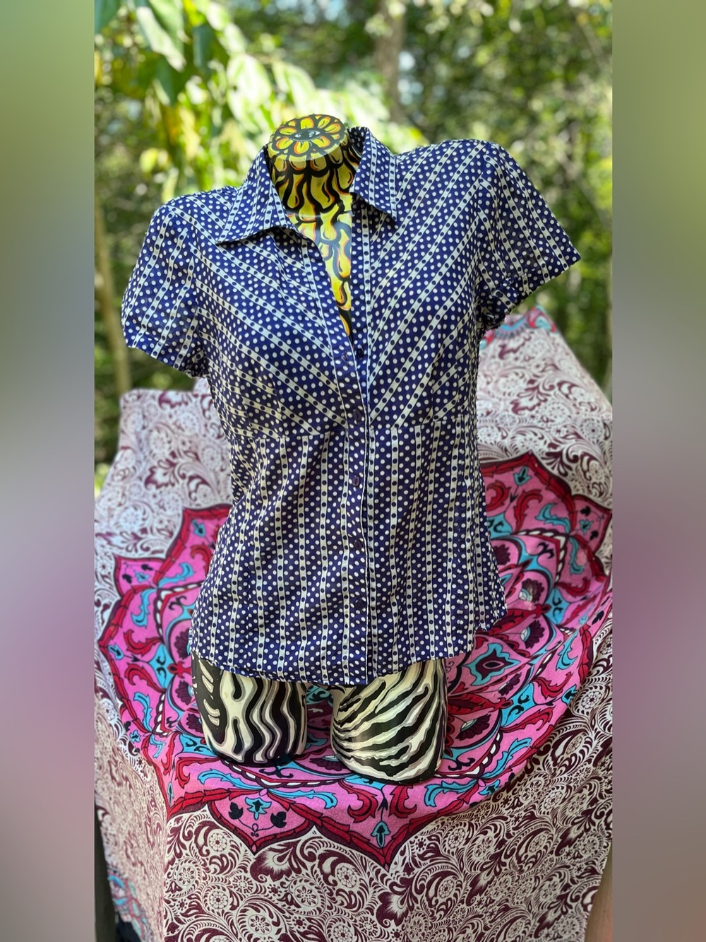 Geoffrey Beene Navy and White Polka Dot Short Sleeve Button-Down Blouse